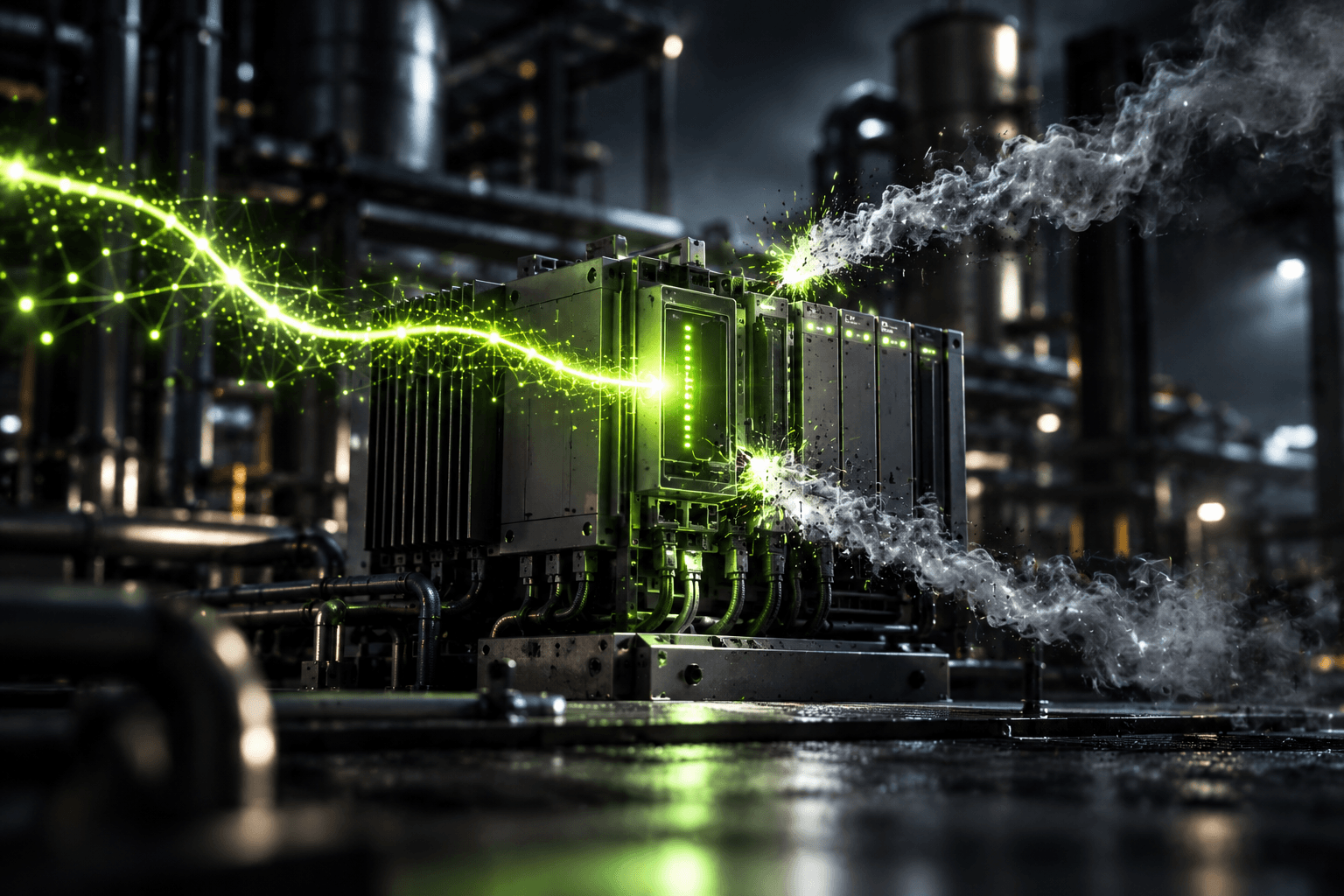 Digital twin of an industrial facility with lime-green attack paths converging on a critical control system, some paths being closed.