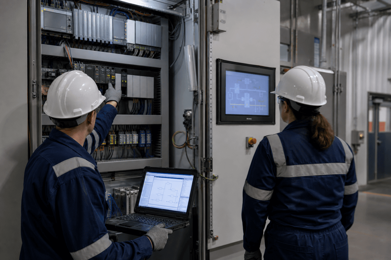 Control-systems engineers verifying PLC configuration and process status