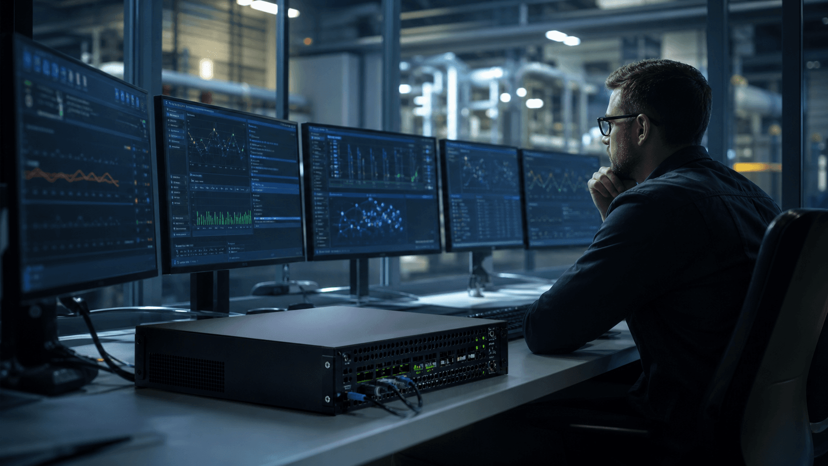 Industrial cybersecurity analyst monitoring OT network telemetry