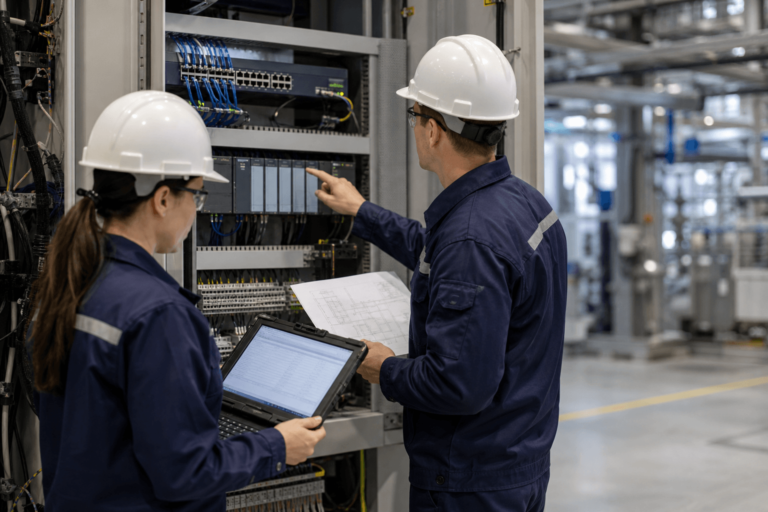 Engineers reconciling an asset record with industrial control equipment