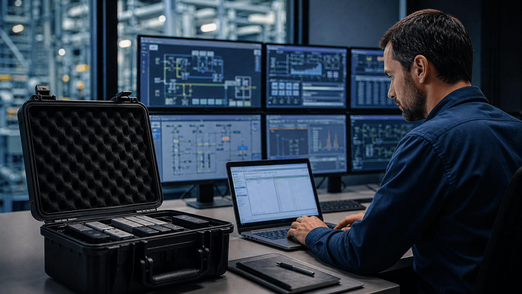 Engineer verifying protected OT configuration backups in an industrial control room