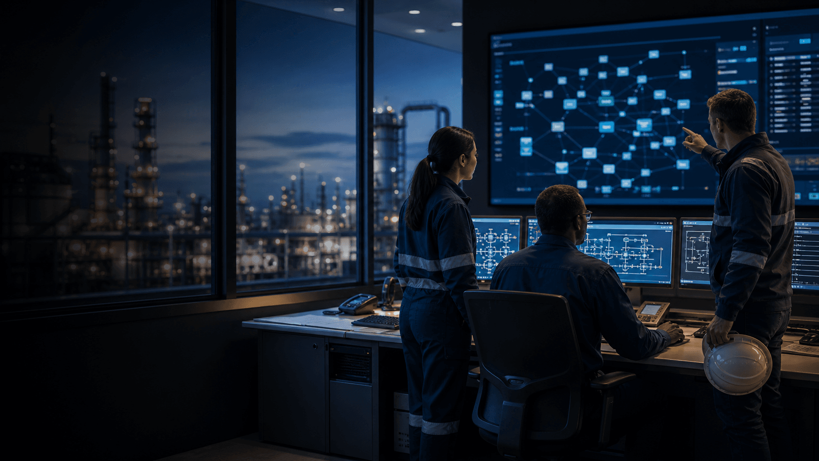 Industrial operations team reviewing an OT network map in a control room