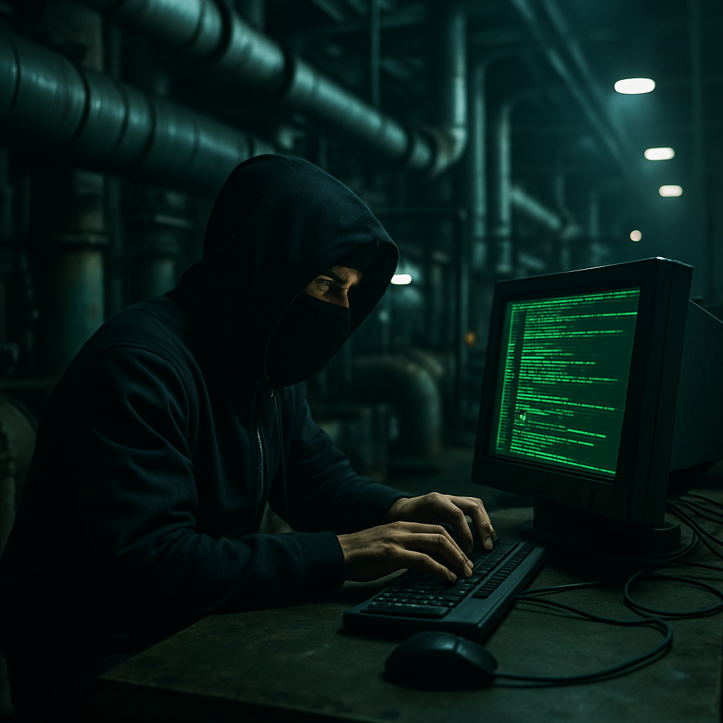 Hacker conducting on a computer in an industrial environment-1