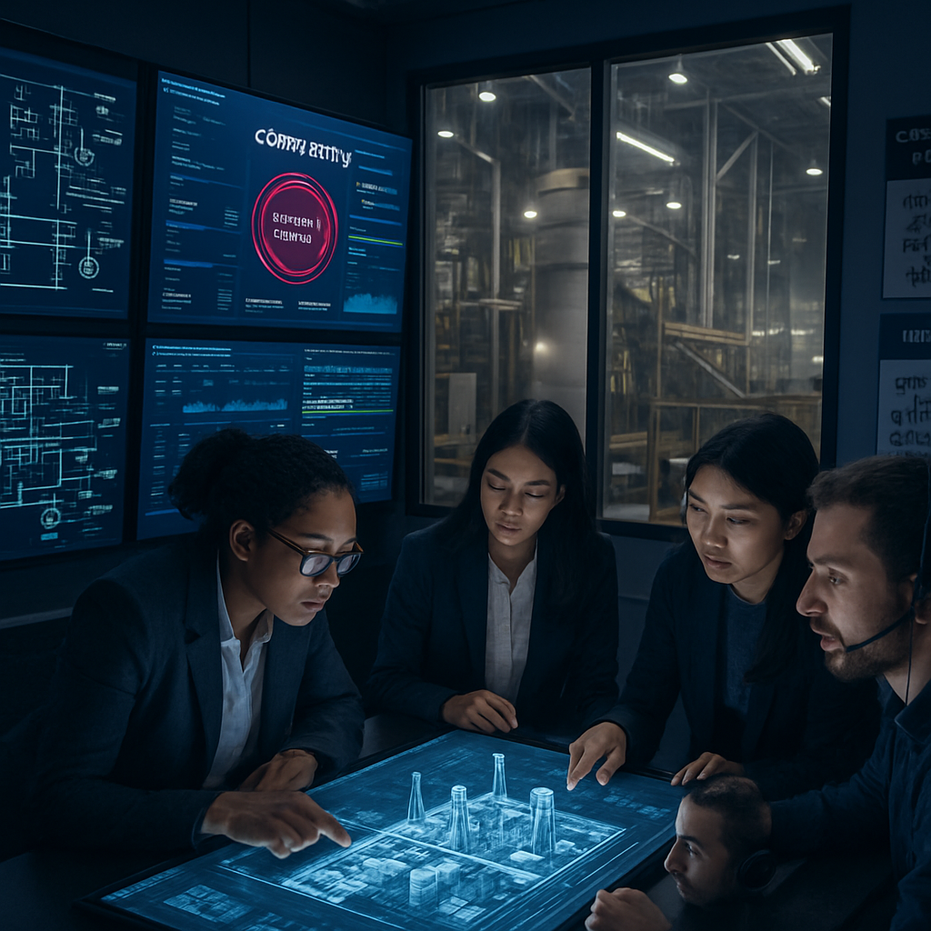 The image depicts a hightech control room filled with large screens displaying intricate diagrams of industrial control systems cybersecurity metrics