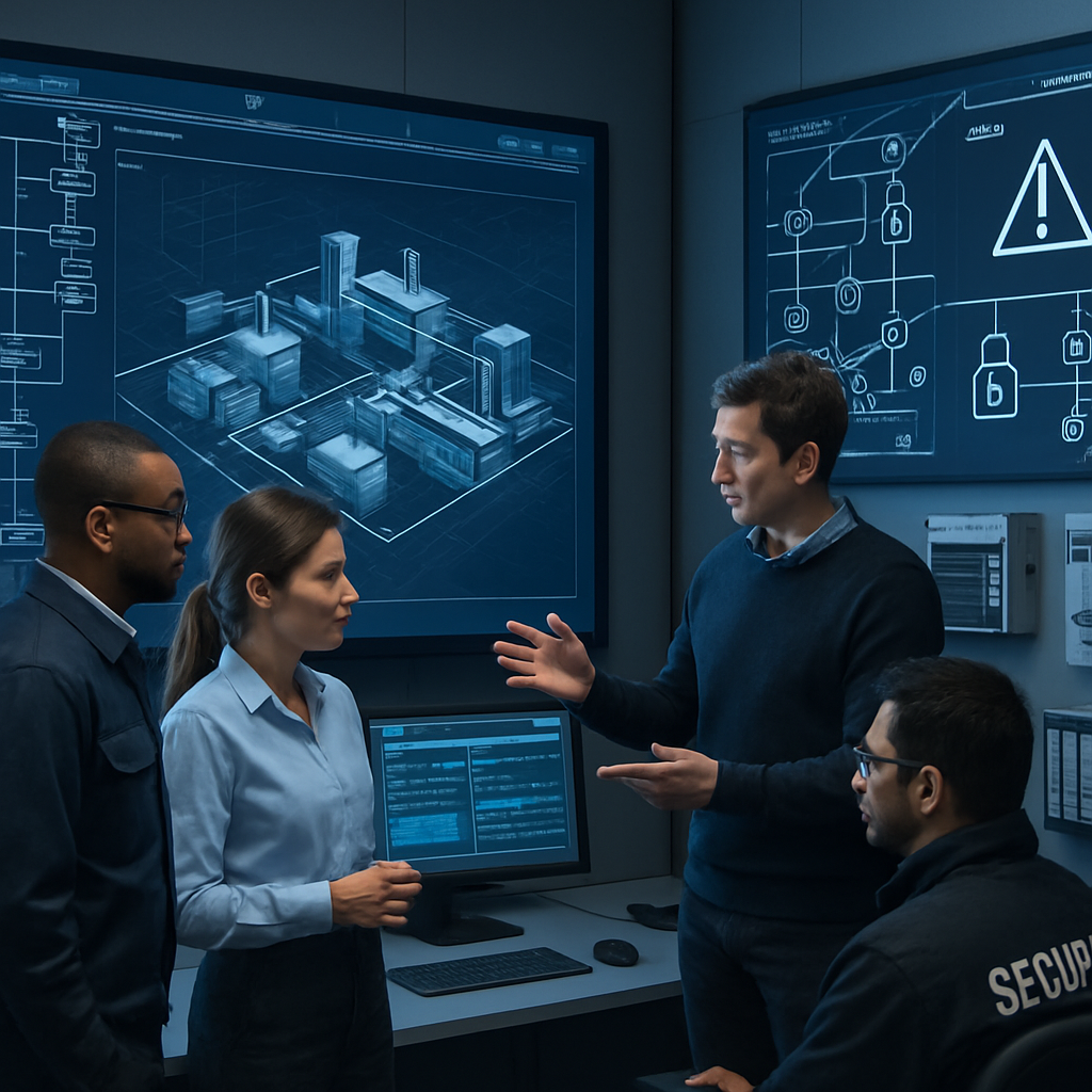 The image depicts a modern industrial control room with large screens displaying realtime data and analytics related to operational technology systems-1