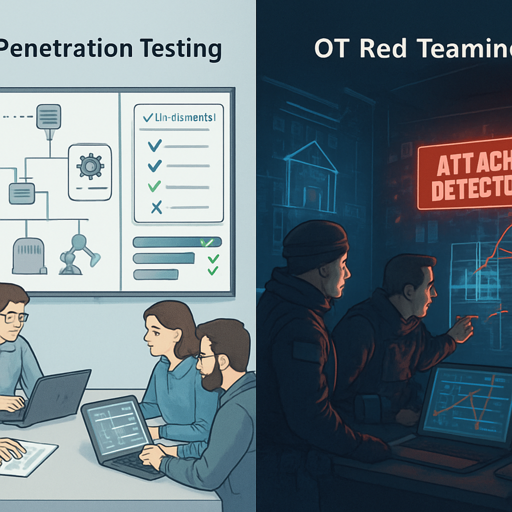 The image depicts a splitscreen comparison of two distinct approaches to cybersecurity in operational technology OT environments OT Penetration Testin-2