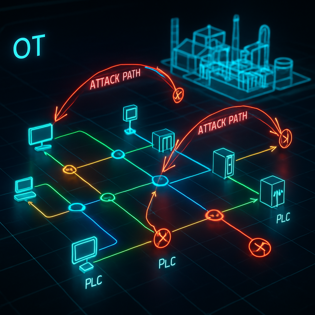 The image features a sleek hightech digital interface displaying a dynamic 3D model of an operational technology OT environment The depiction includes-1
