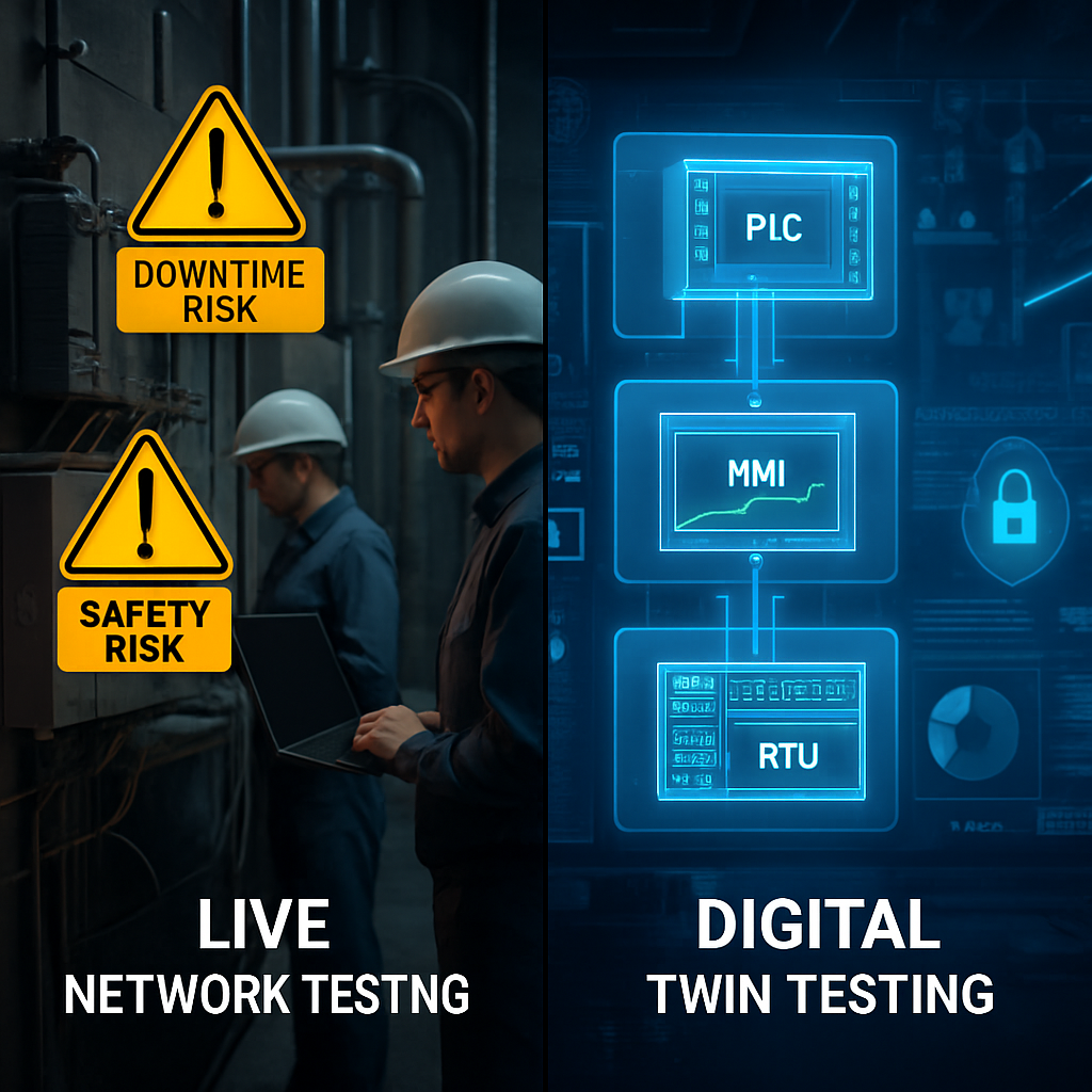 photographic The image depicts a splitscreen comparison of two distinct approaches to OT security testing on the left an industrial network environmen-1
